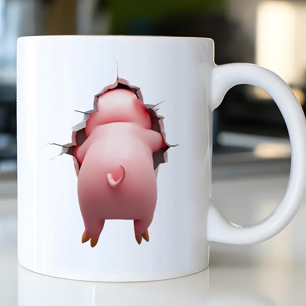 Tailorly White Ceramic 11 oz Mug - Funny Pink Piggy Back Breaking Through A Cracked White Surface Pig