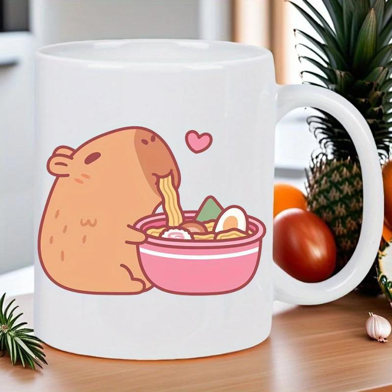 Tailorly White Ceramic 11 oz Mug - Cute Cartoon Animal Eating Warm Ramen From Pink Bowl Heart Capybara