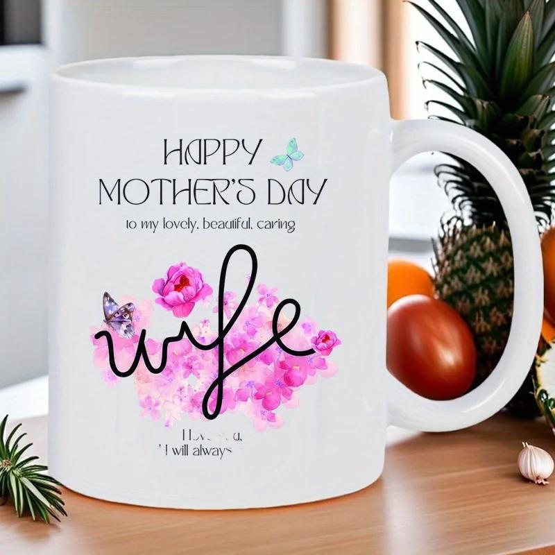 Tailorly White Ceramic 11 oz Mug - Happy Mother's Day Wife Vibrant Pink Watercolor Floral Splash With Delicate Butterflies Fluttering Around Mug