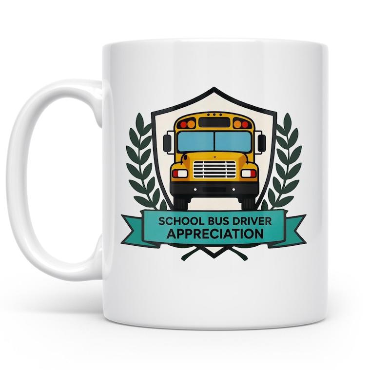 Tailorly White Ceramic 11 oz Mug - School Bus Driver Appreciation Classic Yellow Transport Vehicle Inside Shield With Green Laurel Branches School Bus