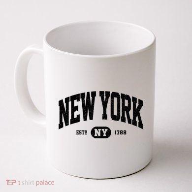 Tailorly White Ceramic 11 oz Mug - New York NY Classic Arched Varsity Style Lettering With Vintage Circular Graphic Emblem