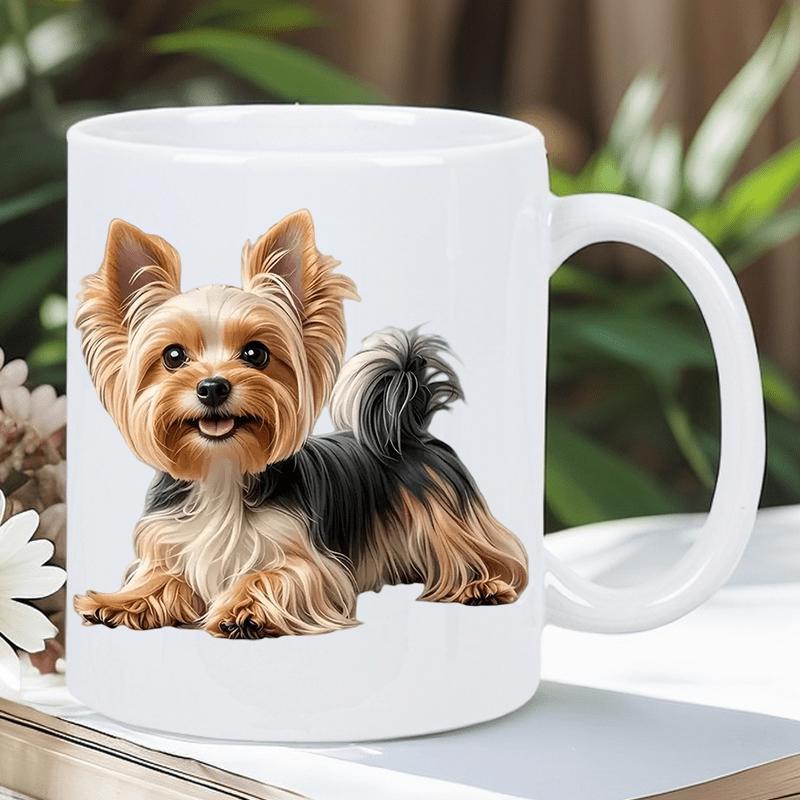 Tailorly White Ceramic 11 oz Mug - Charming Fluffy Small Pet With Long Hair Sitting Happily On Table Yorkshire Terrier