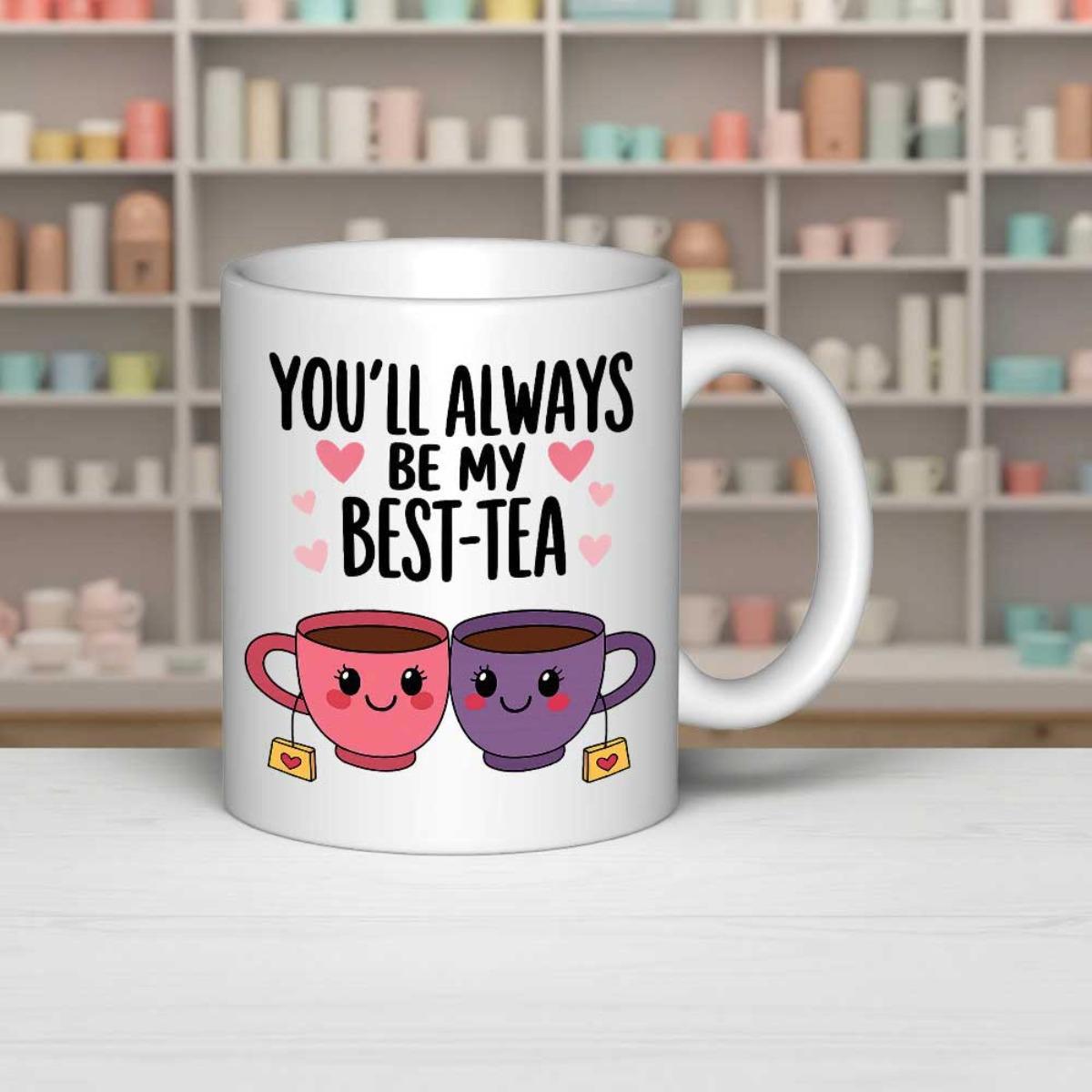 Tailorly White Ceramic 11 oz Mug - Youll Always Be My Best Tea Two Smiling Cartoon Cups Surrounded By Pink Hearts On White Surface Mug
