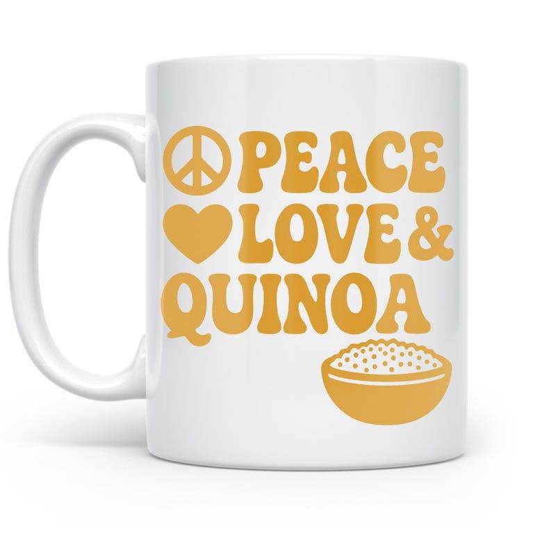 Tailorly White Ceramic 11 oz Mug - Peace Love Quinoa Retro Style Typography With A Nutritious Grain Filled Bowl