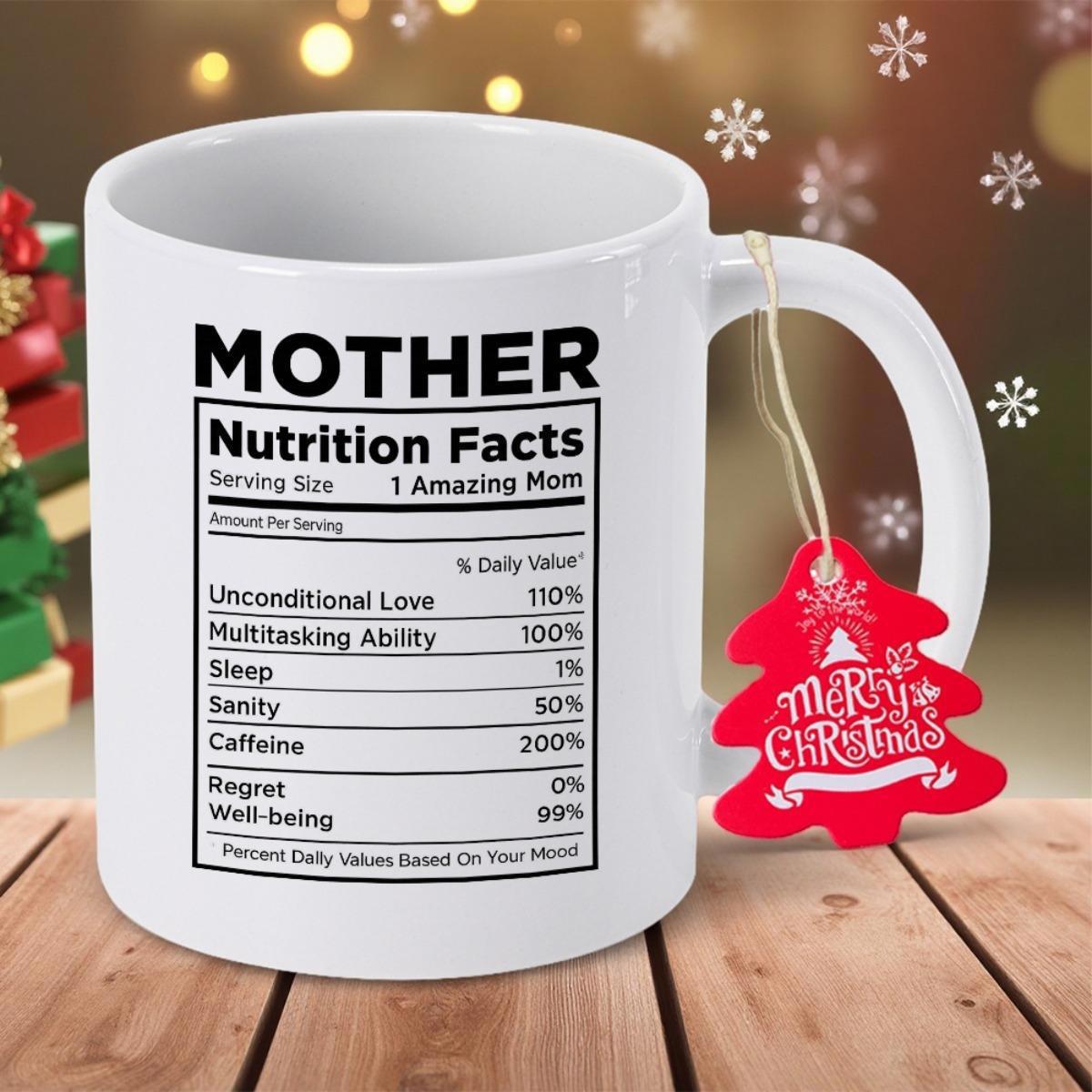 Tailorly White Ceramic 11 oz Mug - Mother Nutrition Facts Minimalist Black Linear Chart Design Featuring Detailed Statistical Percentages Label