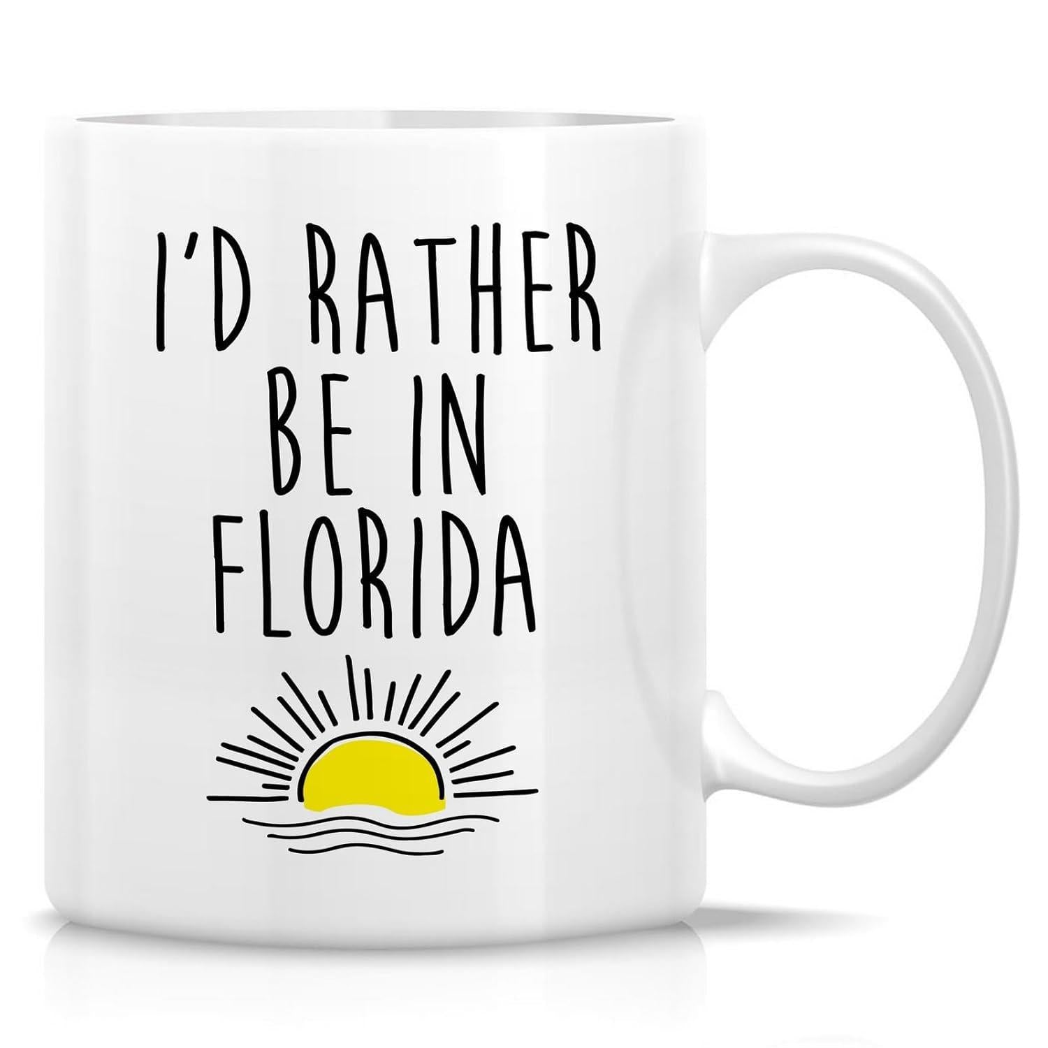 Tailorly White Ceramic 11 oz Mug - Id Rather Be In Florida Minimalist Style Yellow Half Sun Rising Above Wavy Lines Sun