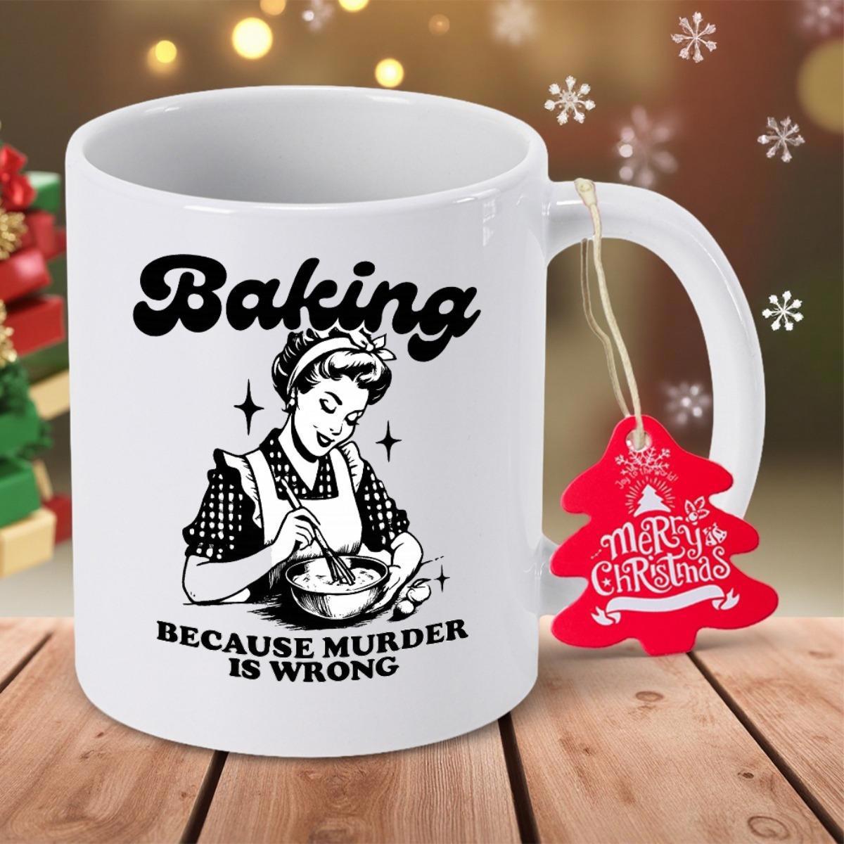 Tailorly White Ceramic 11 oz Mug - Baking Because Murder Is Wrong Vintage Retro Woman Wearing Apron Whisking Ingredients In A Kitchen Mug