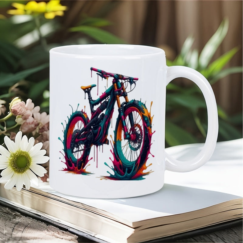 Tailorly White Ceramic 11 oz Mug - Dynamic Artistic Mountain Bike With Vibrant Colorful Paint Splashes And Drops Bicycle
