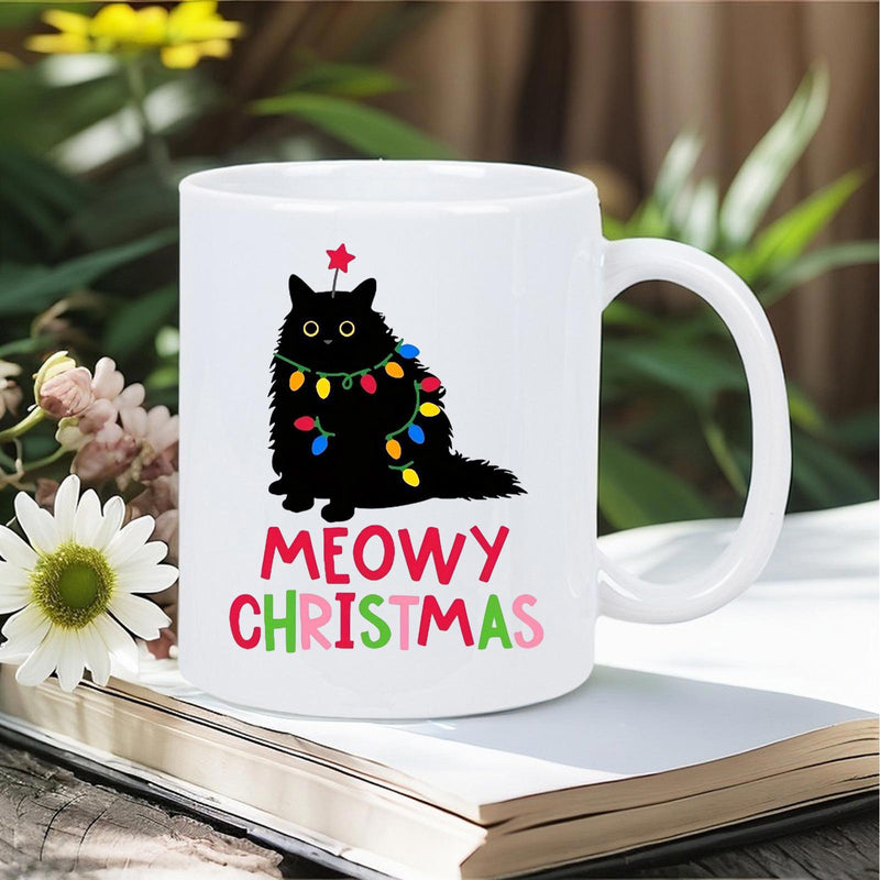 Tailorly White Ceramic 11 oz Mug - Meowy Christmas Adorable Fluffy Black Cat Wrapped In Colorful Twinkling Festive Holiday Lights Cat