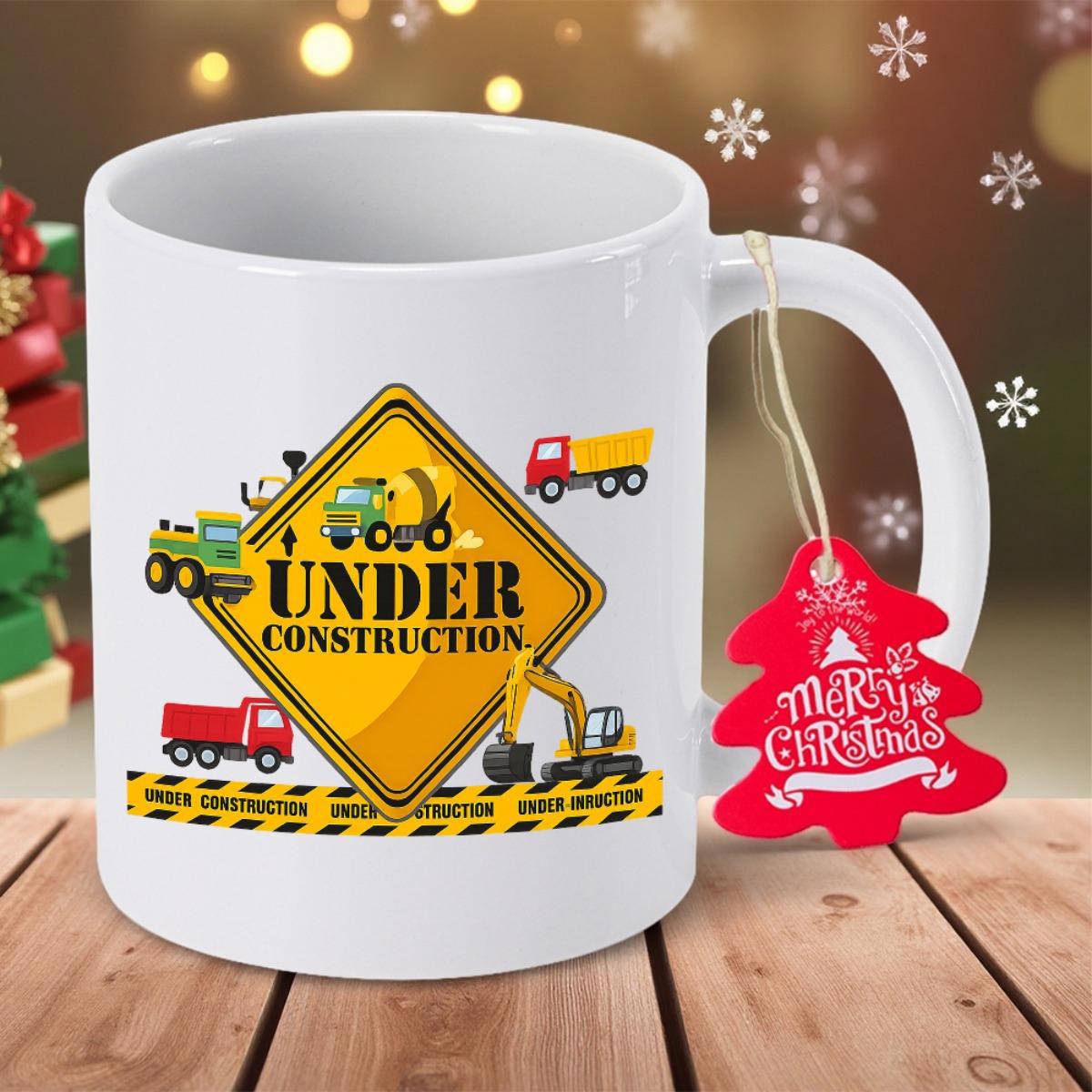 Tailorly White Ceramic 11 oz Mug - Under Construction Yellow Warning Sign Featuring Cartoon Excavator And Heavy Duty Construction Vehicles Truck