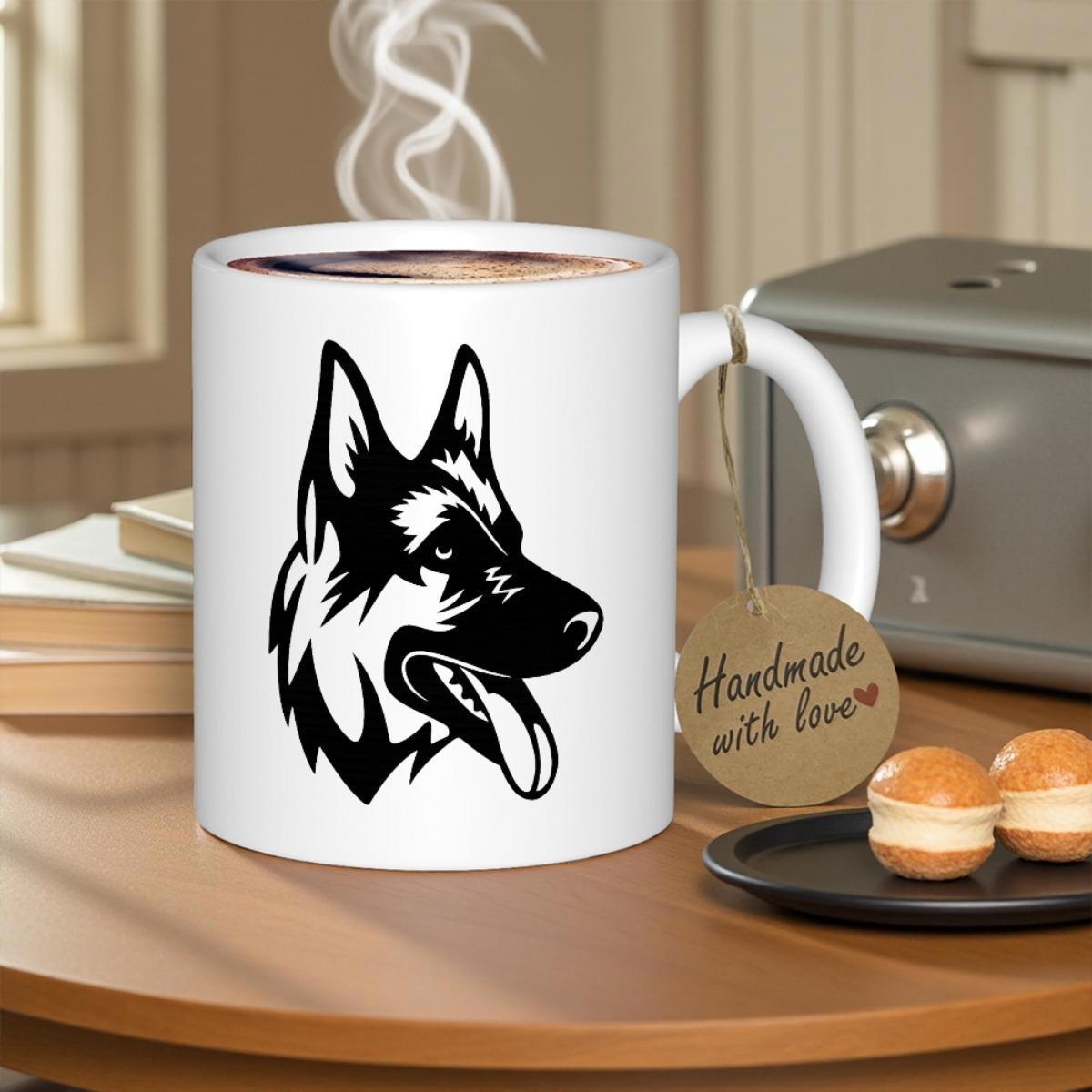 Tailorly White Ceramic 11 oz Mug - Handmade With Love Detailed Black And White Minimalist Silhouette Alert Breed German Shepherd