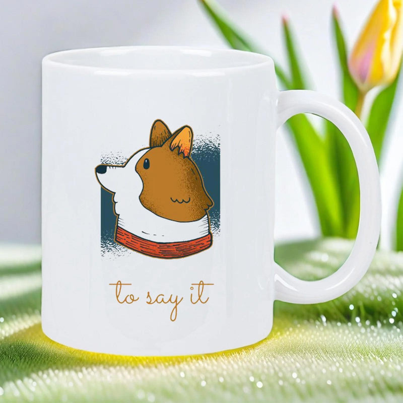 Tailorly White Ceramic 11 oz Mug - To Say It Charming Cartoon Canine Portrait Wearing Vibrant Red Collar Over Blue Background Corgi