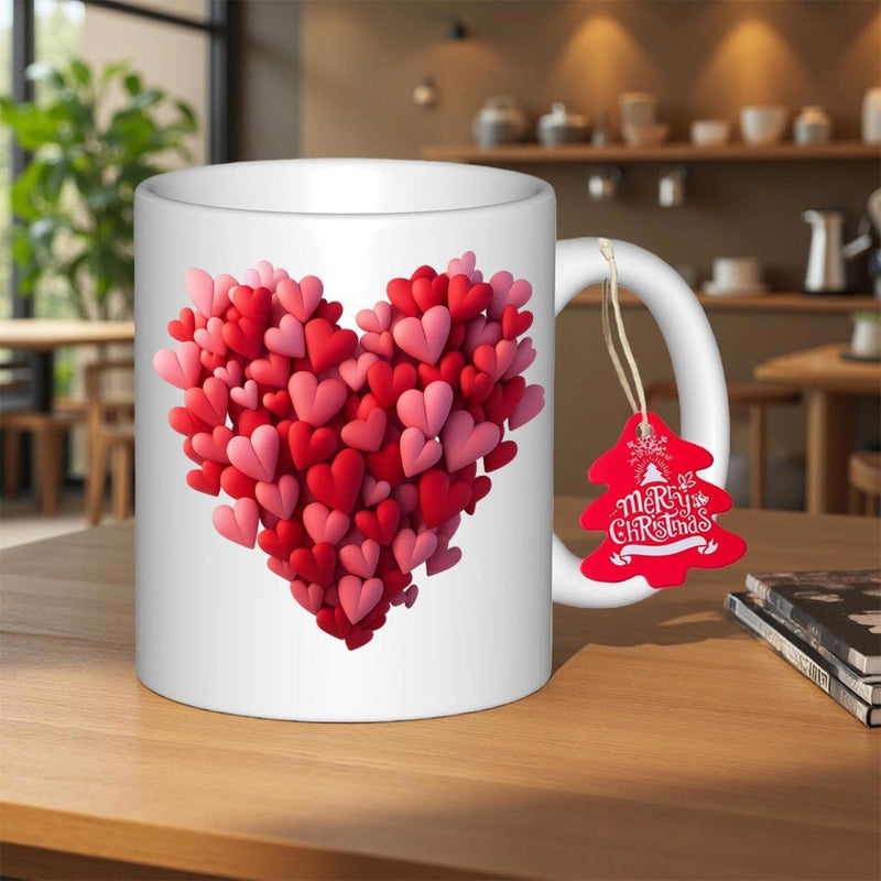 Tailorly White Ceramic 11 oz Mug - Merry Christmas Vibrant Pink And Red 3D Shapes Forming A Soft Cluster Heart
