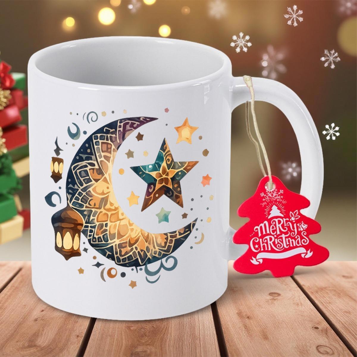 Tailorly White Ceramic 11 oz Mug - Merry Christmas Intricate Patterned Moon And Star With Glowing Lanterns Among Small Stars Crescent