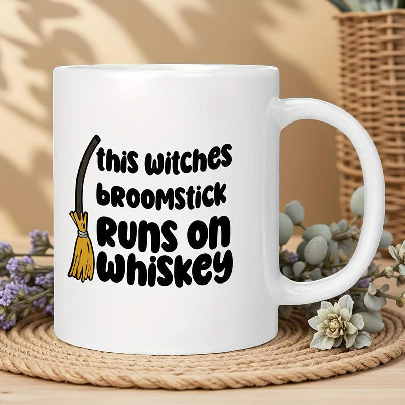 Tailorly White Ceramic 11 oz Mug - This Witches Broomstick Runs On Whiskey Whimsical Hand Crafted Decorative Witch Accessory With Yellow Bristles And Handle