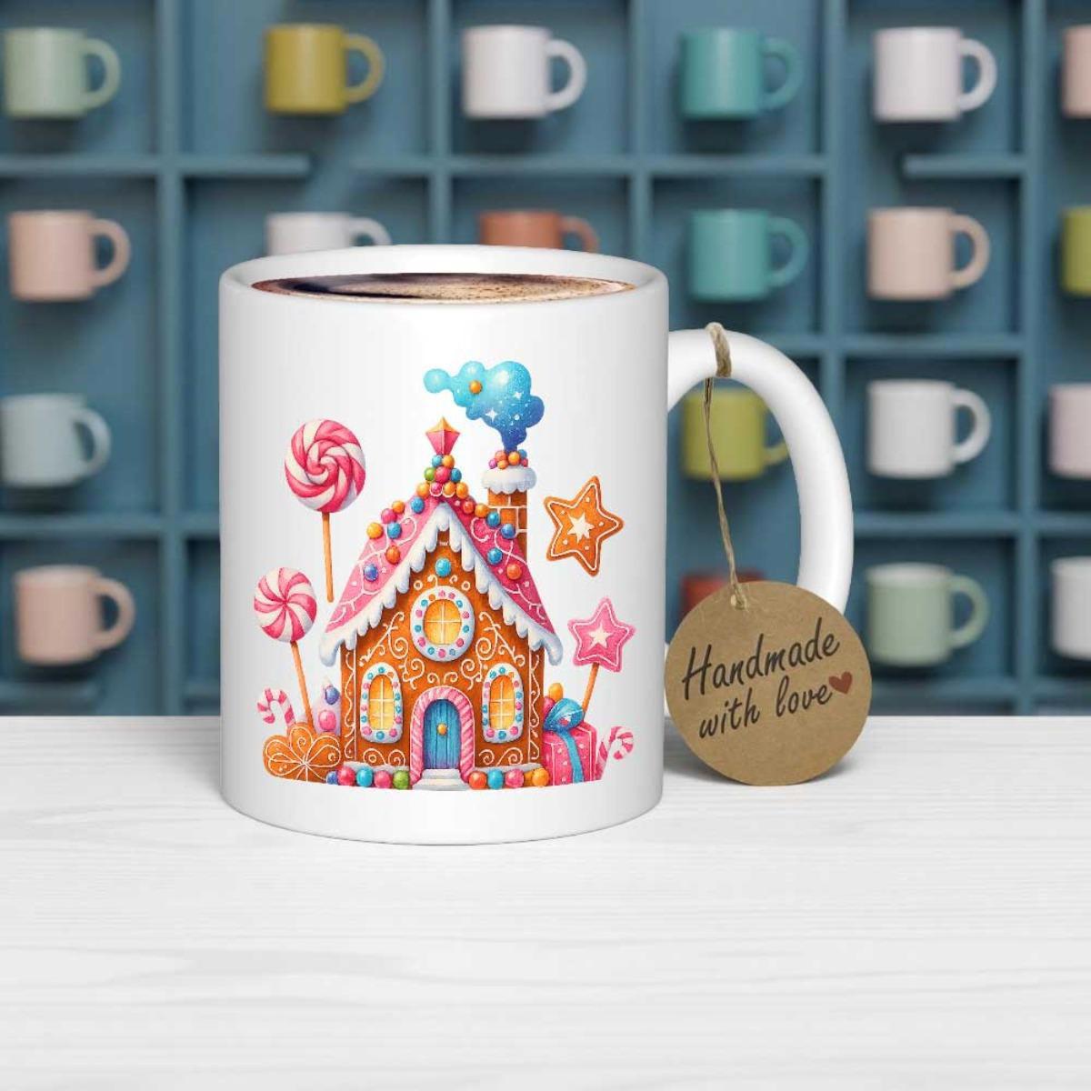 Tailorly White Ceramic 11 oz Mug - Handmade With Love Colorful Festive Candy Decorated Cottage Under Twinkling Stars And Whimsical Swirls Gingerbread House
