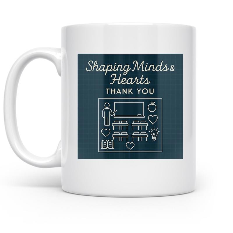 Tailorly White Ceramic 11 oz Mug - Shaping Minds Hearts Thank You Educational Icons Featuring Teacher Blackboard Desks And Hearts Within A Square Classroom