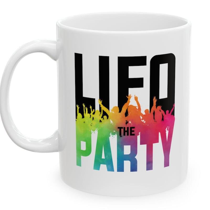 Tailorly White Ceramic 11 oz Mug - Life The Party Vibrant Rainbow Gradient Silhouette Of Cheering People Among Bold Tall Letters Mug