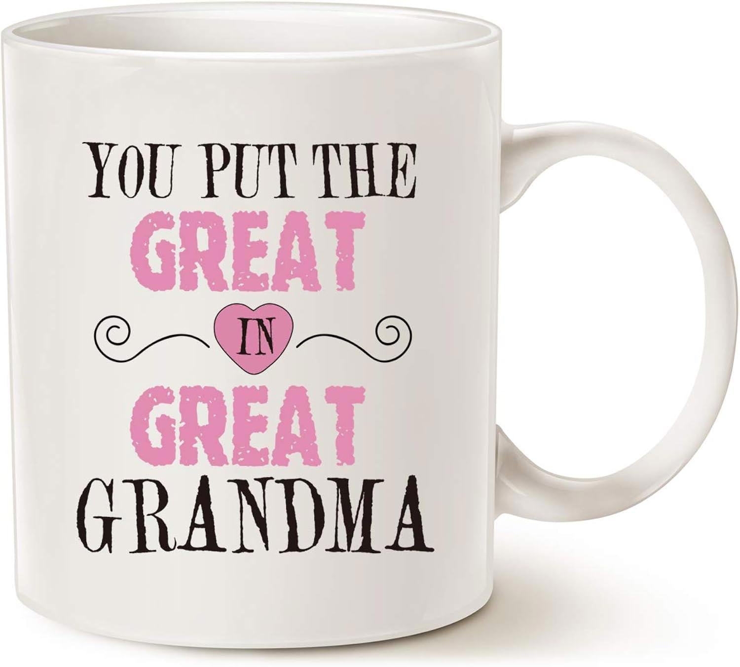 Tailorly White Ceramic 11 oz Mug - You Put The Great In Great Grandma Elegant Artistic Pink Heart Featuring Symmetrical Swirls On Pure White Background Mug