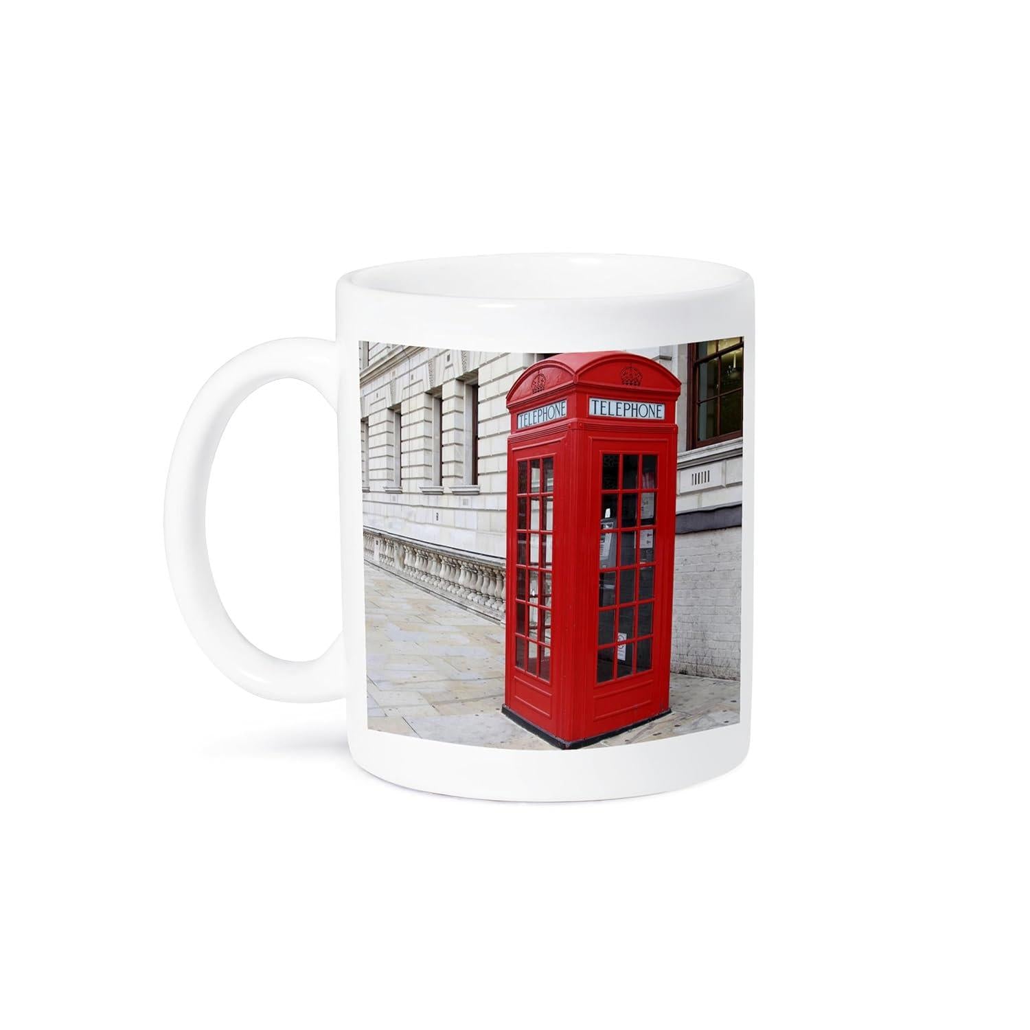 Tailorly White Ceramic 11 oz Mug - Classic Vintage Red British Telephone Box On A Grayscale Street Scene Telephone Booth
