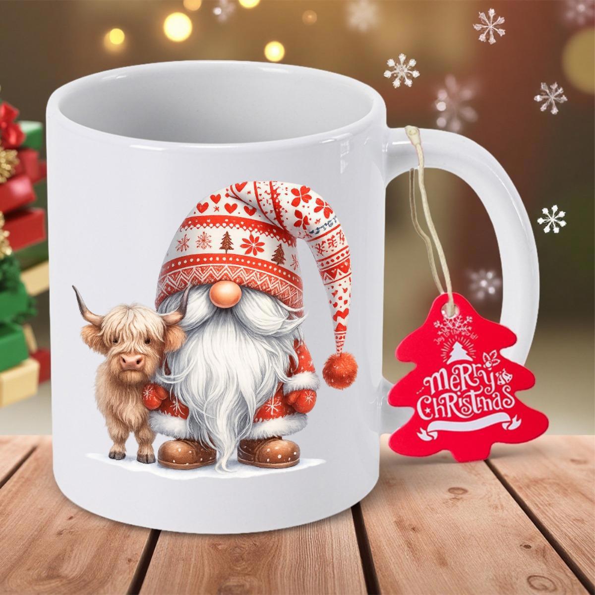 Tailorly White Ceramic 11 oz Mug - Merry Christmas Festive Winter Holiday Gnome Standing Beside A Fluffy Baby Highland Cow