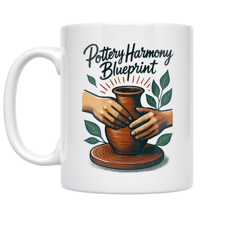 Tailorly White Ceramic 11 oz Mug - Pottery Harmony Blueprint Two Skilled Hands Shaping A Brown Clay Vase Surrounded By Leaves Pottery