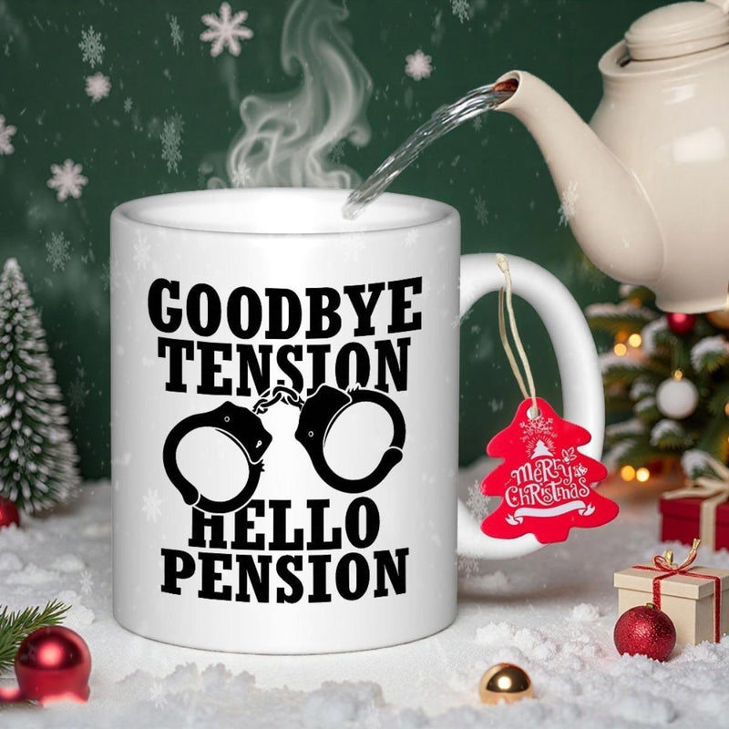 Tailorly White Ceramic 11 oz Mug - Goodbye Tension Hello Pension Solid Black Illustrative Symbol Of Detailed Metal Handcuffs