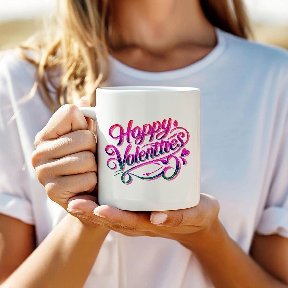 Tailorly White Ceramic 11 oz Mug - Happy Valentines Festive Gradient Artistic Lettering Surrounded By Delicate Floating Pink Hearts Mug