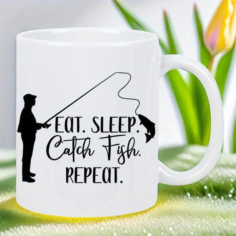Tailorly White Ceramic 11 oz Mug - Eat Sleep Catch Fish Repeat Standing Silhouette Holding Rod With A Hooked Leaping Lake Fish Fisherman