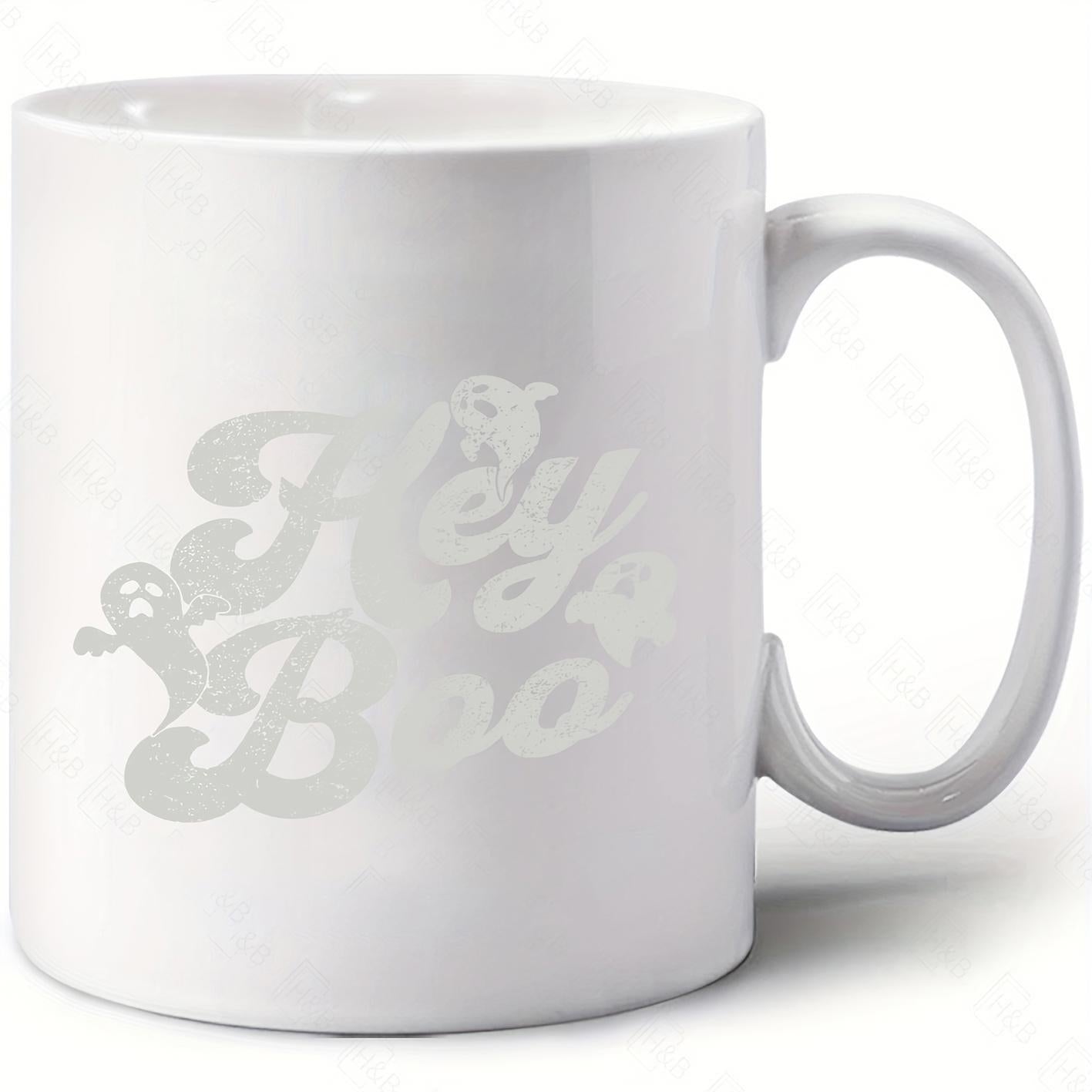 Tailorly White Ceramic 11 oz Mug - Hey Boo Retro Groovy Typography Featuring Small Friendly Cartoon Halloween Spirits And Pumpkin Ghost