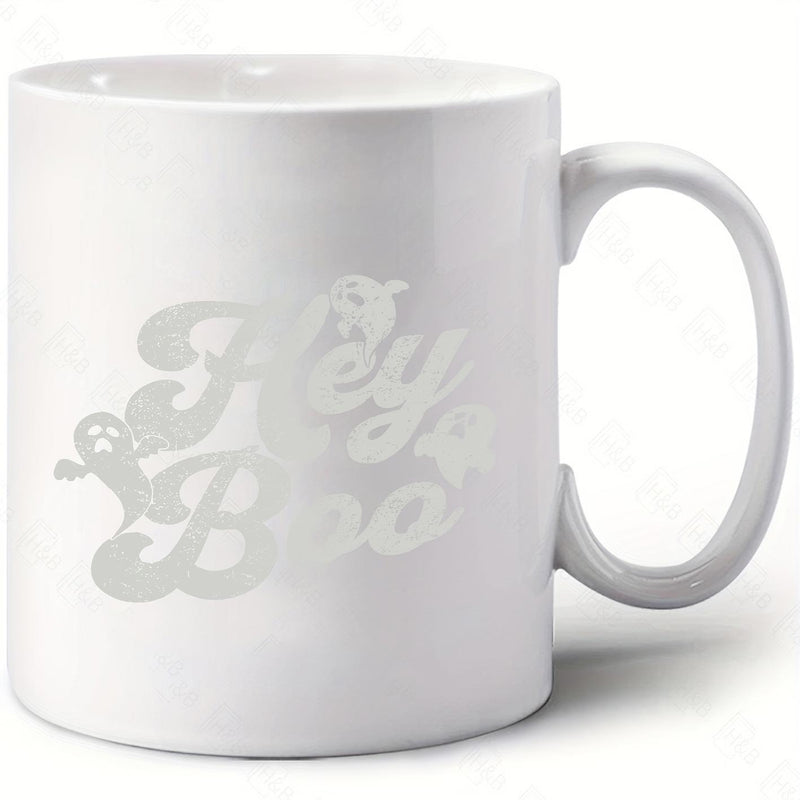 Tailorly White Ceramic 11 oz Mug - Hey Boo Retro Groovy Typography Featuring Small Friendly Cartoon Halloween Spirits And Pumpkin Ghost