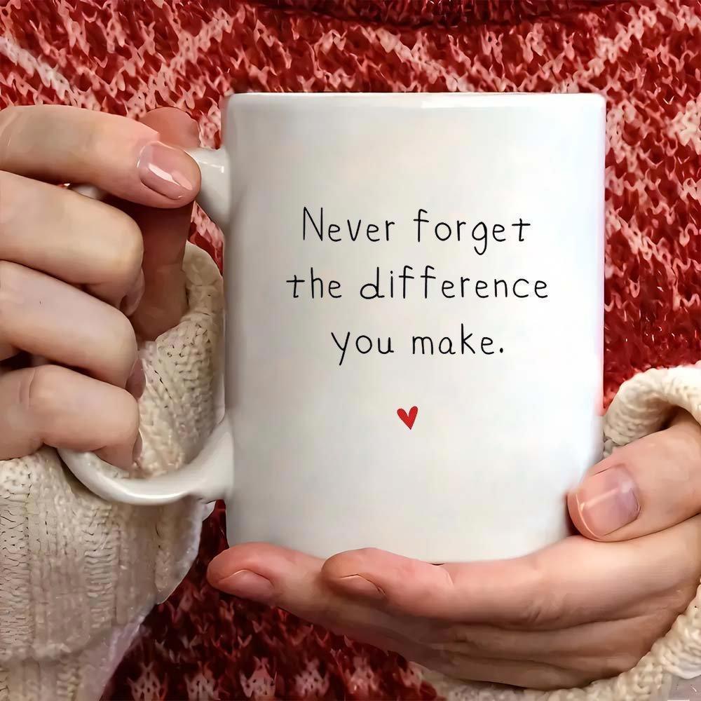 Tailorly White Ceramic 11 oz Mug - Never Forget The Difference You Make Simple White Ceramic Minimalist Design With Tiny Red Heart Mug