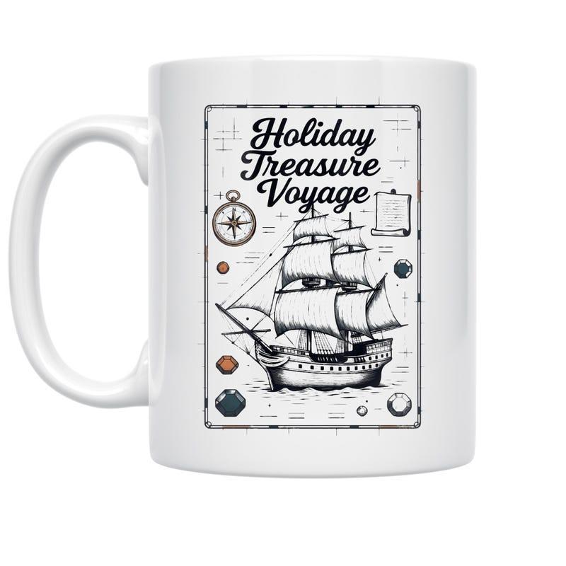 Tailorly White Ceramic 11 oz Mug - Holiday Treasure Voyage Vintage Sketch Style Sailing Through Ocean Waves With Compass Symbols Ship