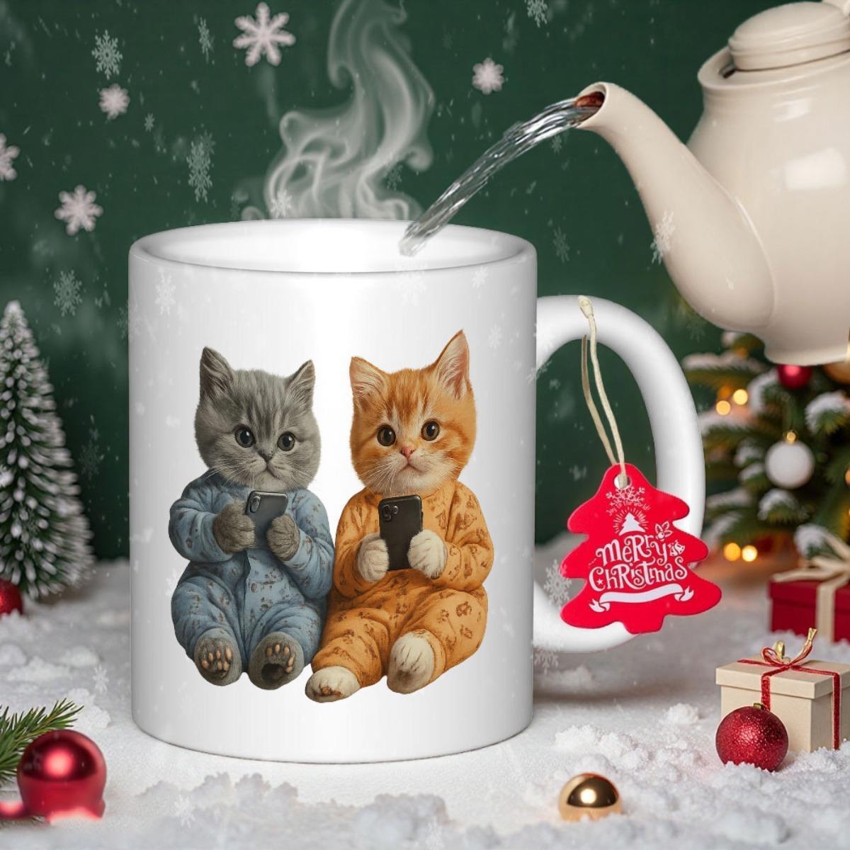 Tailorly White Ceramic 11 oz Mug - Two Adorable Small Cats Wearing Pajamas Holding Smart Phones Kitten