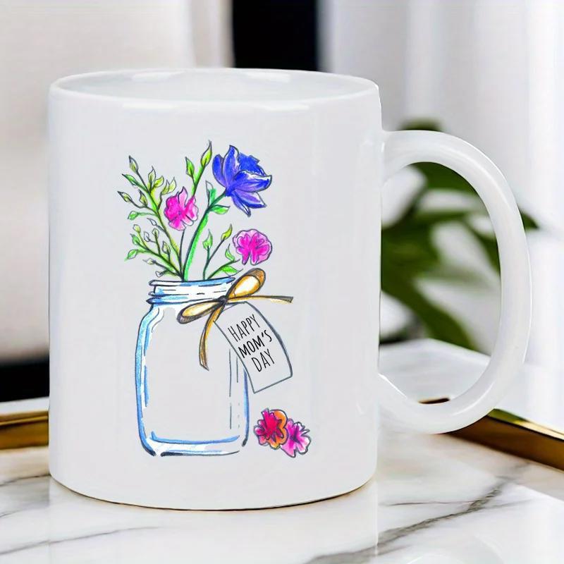 Tailorly White Ceramic 11 oz Mug - Happy Moms Day Colorful Watercolor Flowers In A Glass Mason Jar With Ribbon Flower Jar