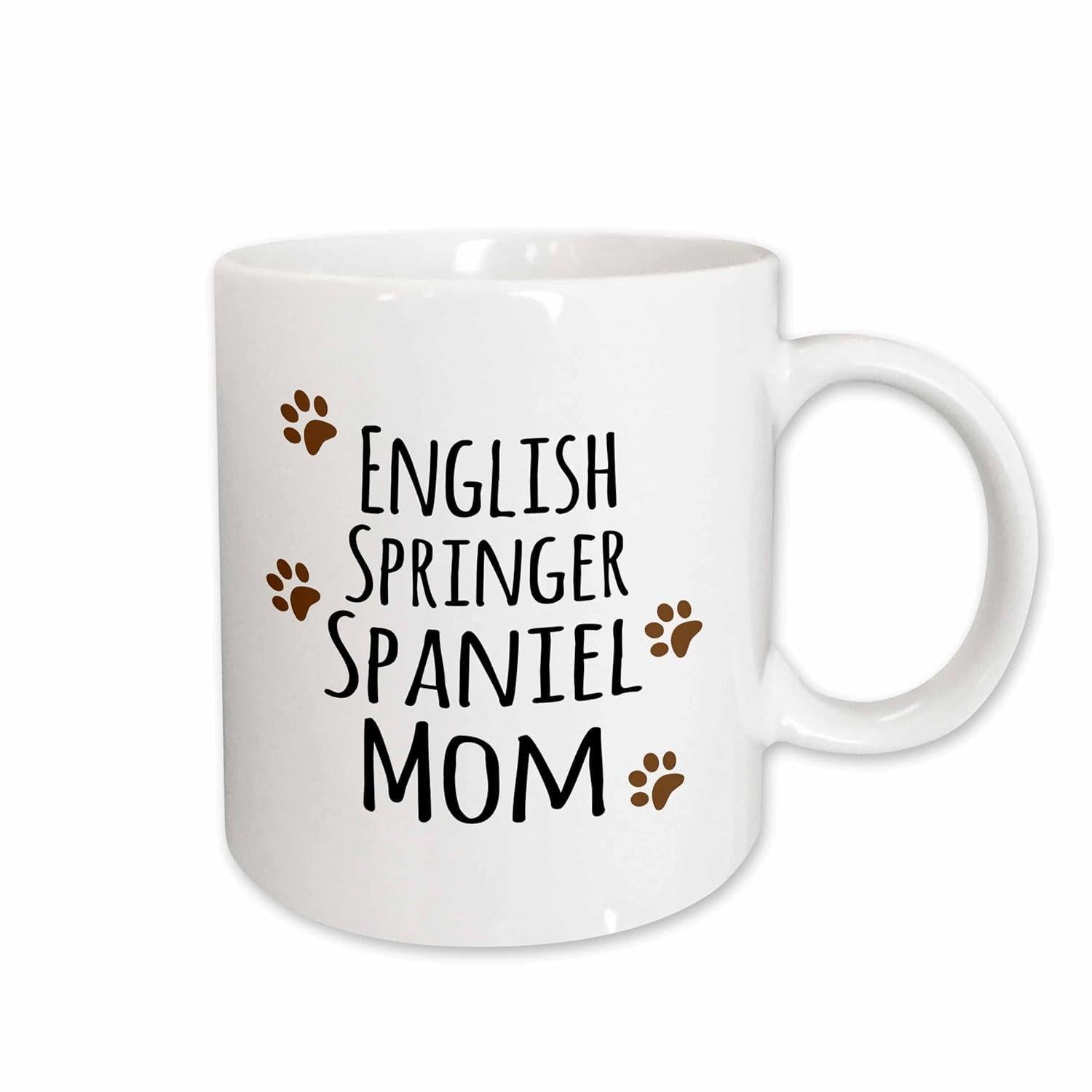 Tailorly White Ceramic 11 oz Mug - English Springer Spaniel Mom Small Brown Paw Prints Surrounding Elegant Decorative Script Style Dog