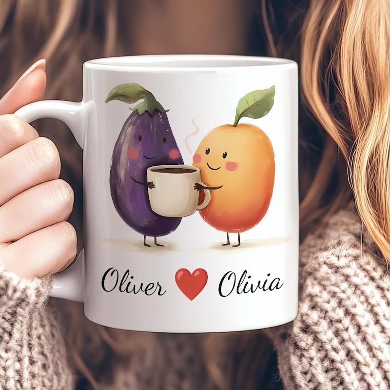 Tailorly White Ceramic 11 oz Mug - Oliver Olivia Cute Cartoon Eggplant And Orange Characters Sharing A Warm Coffee Cup Mug