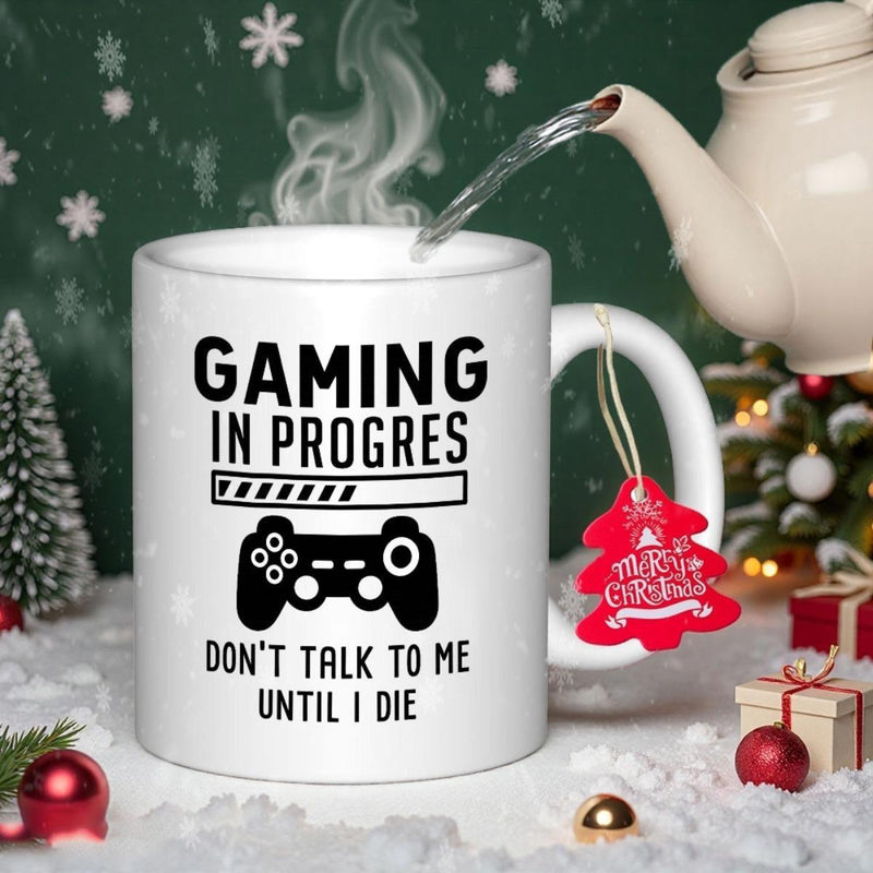 Tailorly White Ceramic 11 oz Mug - Gaming In Progress Don't Talk To Me Until I Die Classic Gaming Controller Silhouette Featuring A Loading Bar Indicator Bold