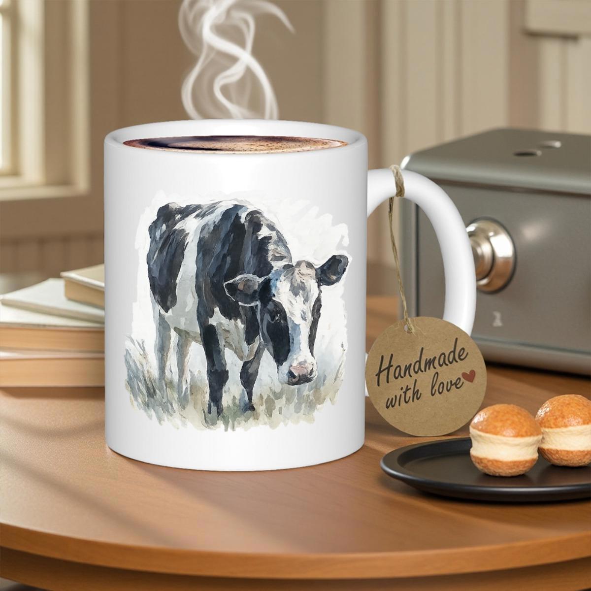 Tailorly White Ceramic 11 oz Mug - Realistic Watercolor Style Black And White Spotted Grazing In Grassy Field Cow