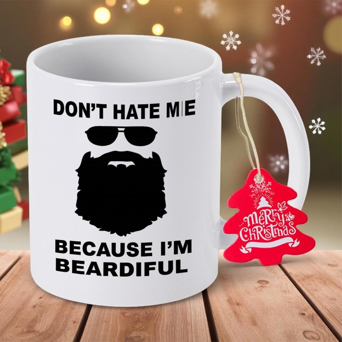 Tailorly White Ceramic 11 oz Mug - Dont Hate Me Because Im Beardiful Solid Black Aviator Sunglasses Placed Above A Large Bushy Masculine Beard