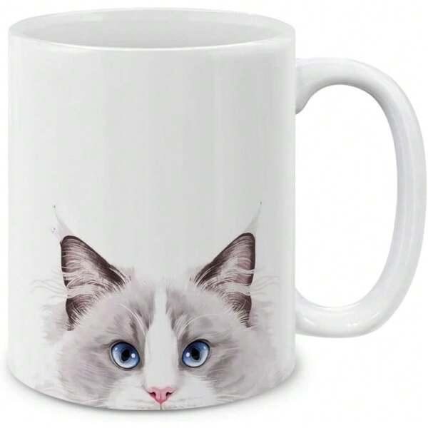 Tailorly White Ceramic 11 oz Mug - Adorable Fluffy White Ragdoll Peeking Up With Large Blue Eyes Cat