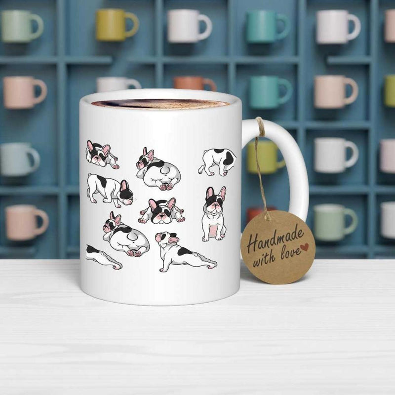 Tailorly White Ceramic 11 oz Mug - Playful Minimalist Hand Drawn Sketch Pattern Featuring Many Cute Spotted French Bulldog