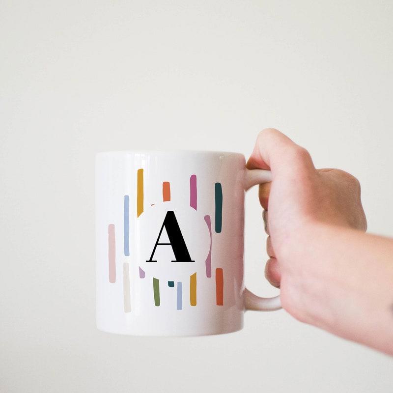 Tailorly White Ceramic 11 oz Mug - A Colorful Vertical Artistic Brushstrokes Surrounding A Bold Monogrammed Letter Mug