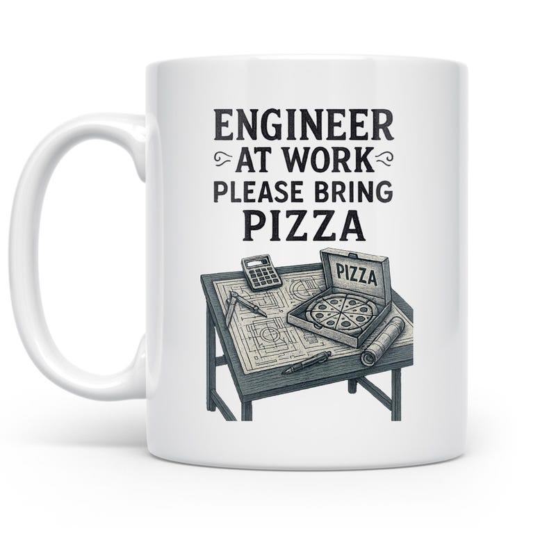 Tailorly White Ceramic 11 oz Mug - Engineer At Work Please Bring Pizza Drafting Table With Open Pizza Box And Calculator Over Detailed Blueprint Mug