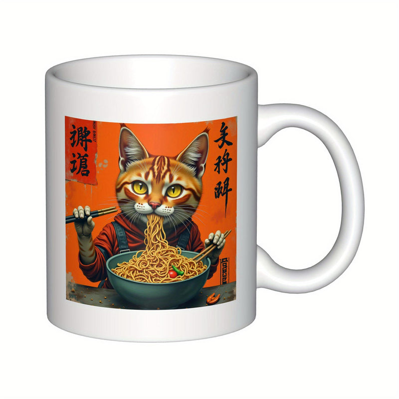 Tailorly White Ceramic 11 oz Mug - Ginger Cat Wearing Red Hoodie Eating Delicious Ramen Noodles Inside Blue Bowl Cat