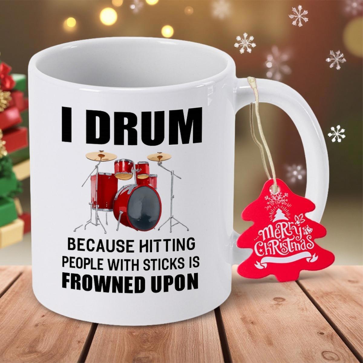 Tailorly White Ceramic 11 oz Mug - I Drum Because Hitting People With Sticks Is Frowned Upon Classic Red Professional Musical Instrument Setup With Cymbals And