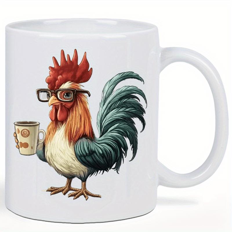 Tailorly White Ceramic 11 oz Mug - Vibrant Colorful Stylized Rooster Wearing Glasses Holding Tiny Coffee Mug Rooster