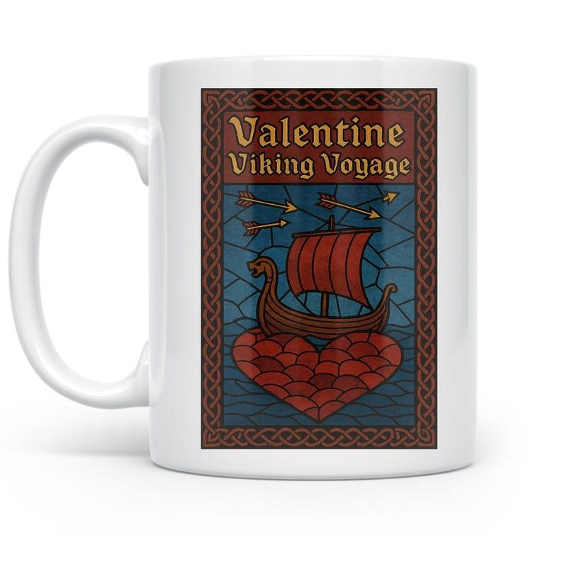 Tailorly White Ceramic 11 oz Mug - Valentine Viking Voyage Classic Stained Glass Style Viking Boat Sailing On Sea Ship