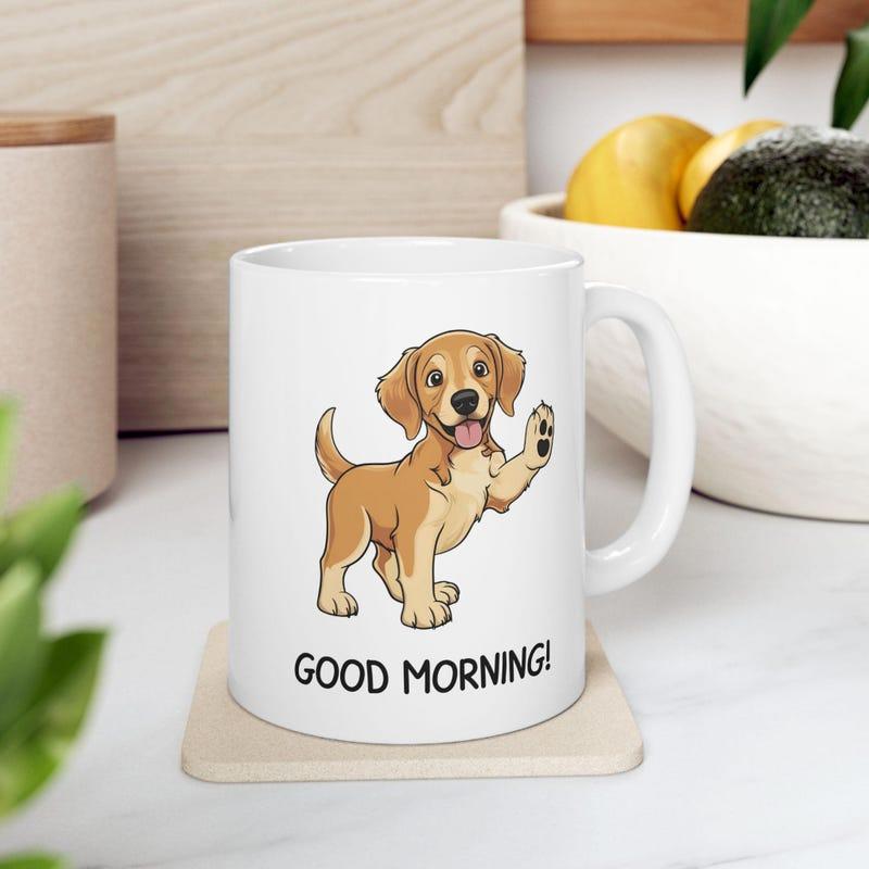 Tailorly White Ceramic 11 oz Mug - Good Morning Adorable Cartoon Golden Retriever Puppy Waving Its Paw With A Happy Smile Dog
