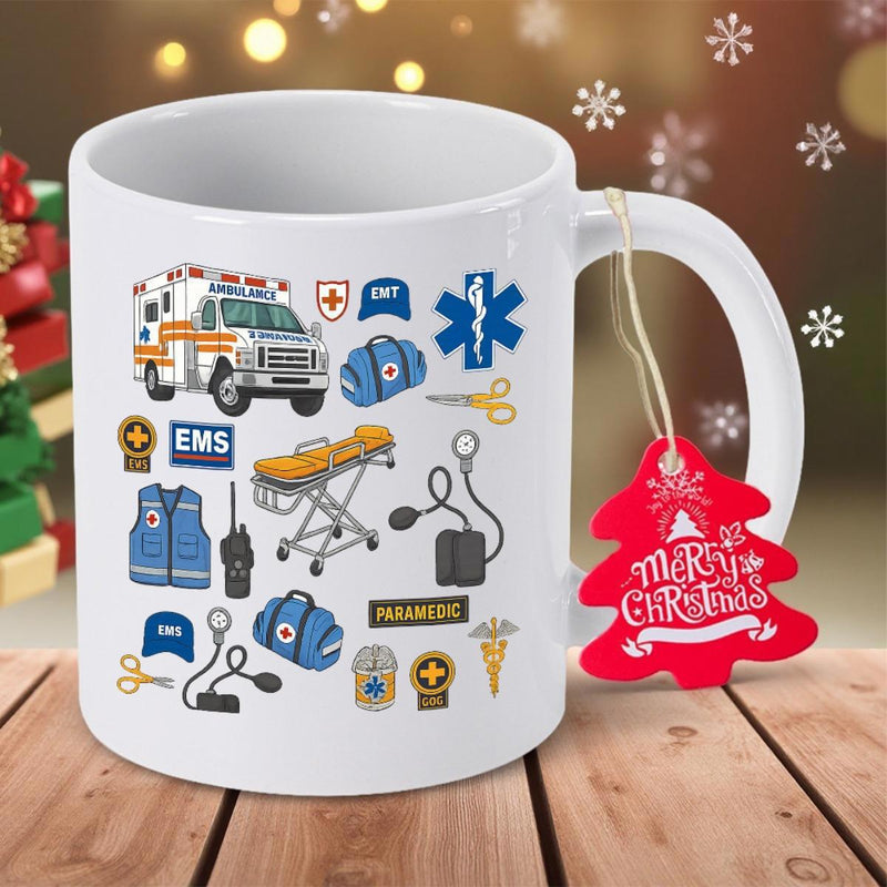 Tailorly White Ceramic 11 oz Mug - EMS Paramedic EMT Ambulance Merry Christmas Detailed Medical Equipment With Professional Stretcher And Emergency Response Rescue